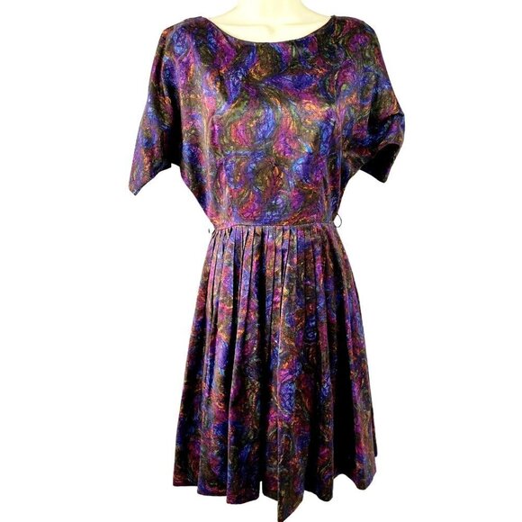 50s Alice Junior Day Dress Boat Neck Raglan Slv Full Pleat Skirt Women S Purple - Picture 3 of 9